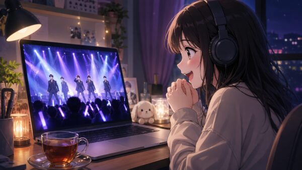 女性がパソコンでLienel Osyanのライブ見逃し配信を視聴するイメージ