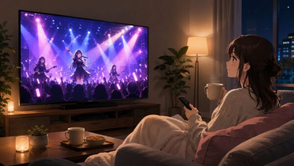 自宅のテレビでLienel Osyanのライブ配信をゆっくり楽しむ女性のイメージ