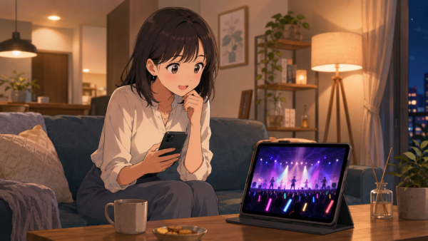 日比谷音楽祭2026の見逃し配信を自宅で確認する日本人女性のアニメ画像