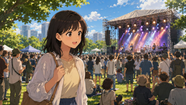 日比谷音楽祭2026の屋外ステージと観客の雰囲気を描いた音楽フェスのアニメ画像