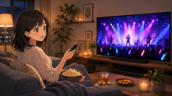 U-NEXTで日比谷音楽祭2026のライブ配信をテレビ視聴する女性のアニメ画像