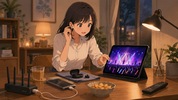 日比谷音楽祭2026の見逃し配信を快適に見るため通信環境を準備する女性のアニメ画像