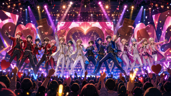 Music Chocolate Festival 2026の合同ライブステージを表現した華やかなアニメ画像