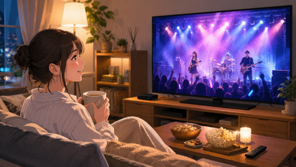 Music Chocolate Festival 2026をテレビで視聴する日本人女性のアニメイメージ
