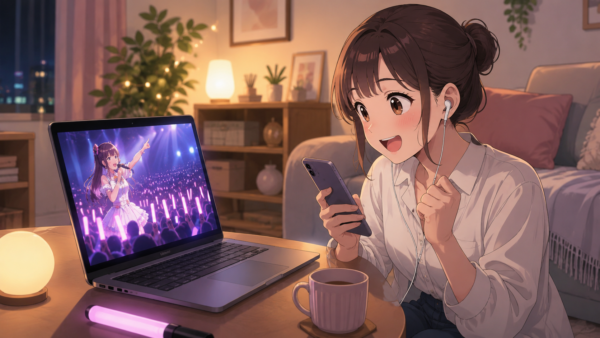 自宅でノートパソコンを使い、日向坂46 17th ひなた坂46 LIVEの配信を楽しみに確認する日本人女性